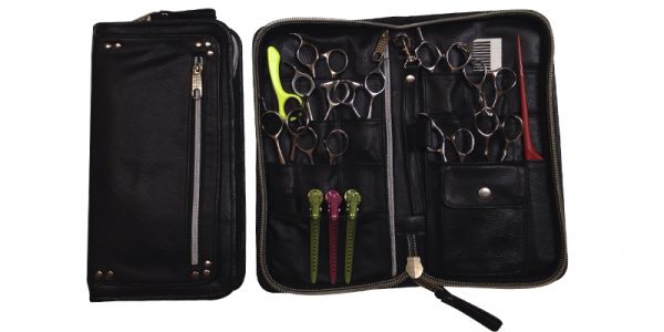 Leather shear case  LC3034 with zipper holds 18 shears 